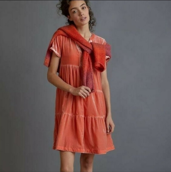 Maeve Dresses & Skirts - Anthropologie MAEVE Harper Apricot Velvet Short Sleeve Tiered Ruffle Mini Dress